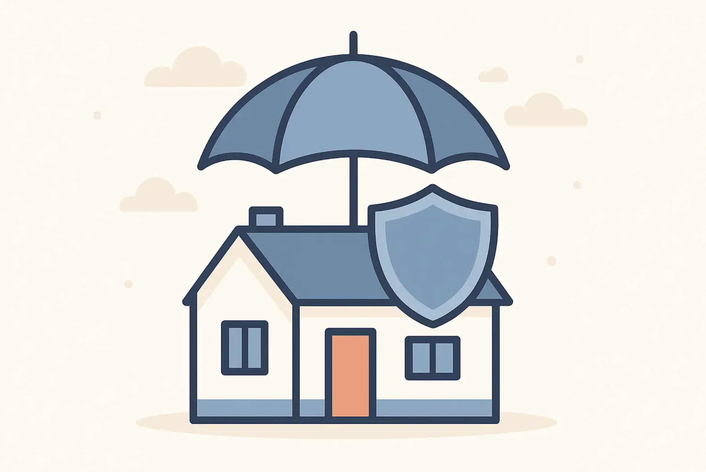 Illustration of a home shielded by an umbrella and shield, representing additional insurance protection for Airbnb hosts beyond AirCover.