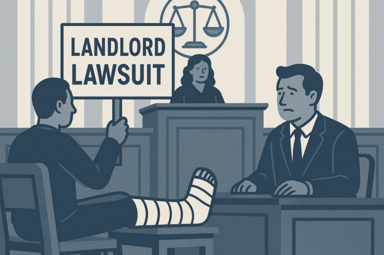Courtroom illustration showing a tenant with a leg cast suing a landlord, representing landlord liability insurance