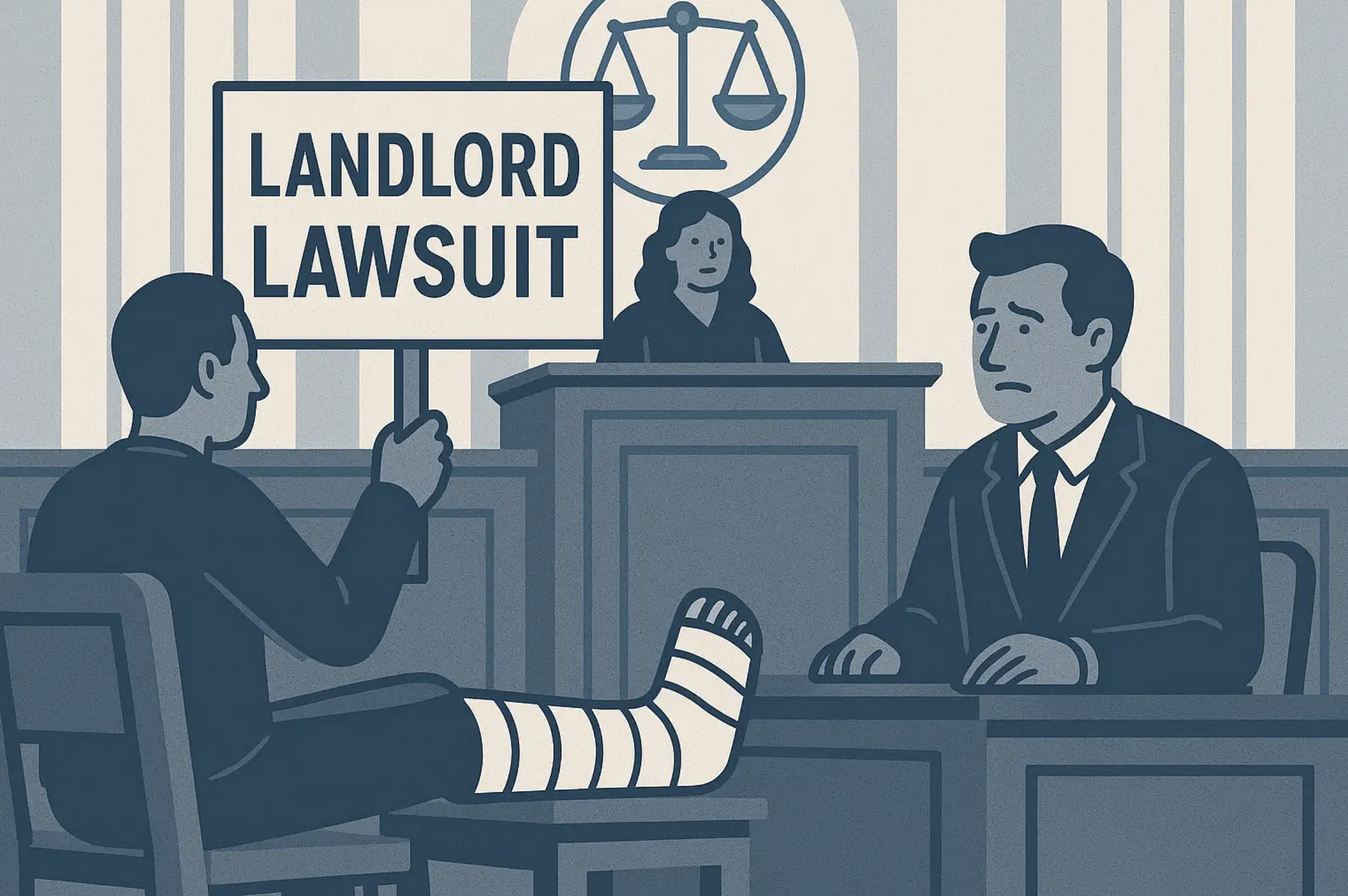 Courtroom illustration showing a tenant with a leg cast suing a landlord, representing landlord liability insurance