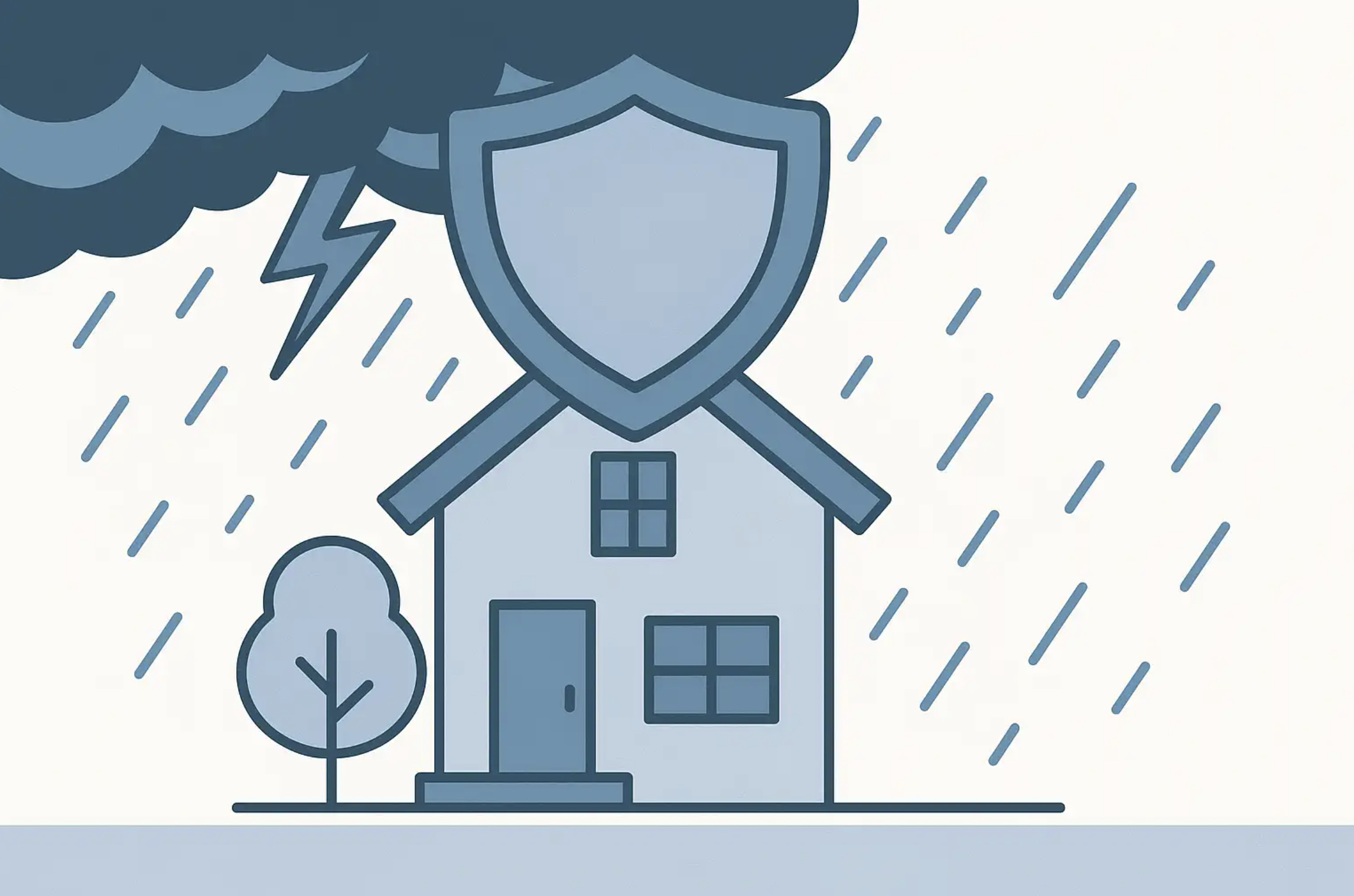 Rental house shielded from storm with rain and lightning, symbolizing rental property insurance protection for landlords