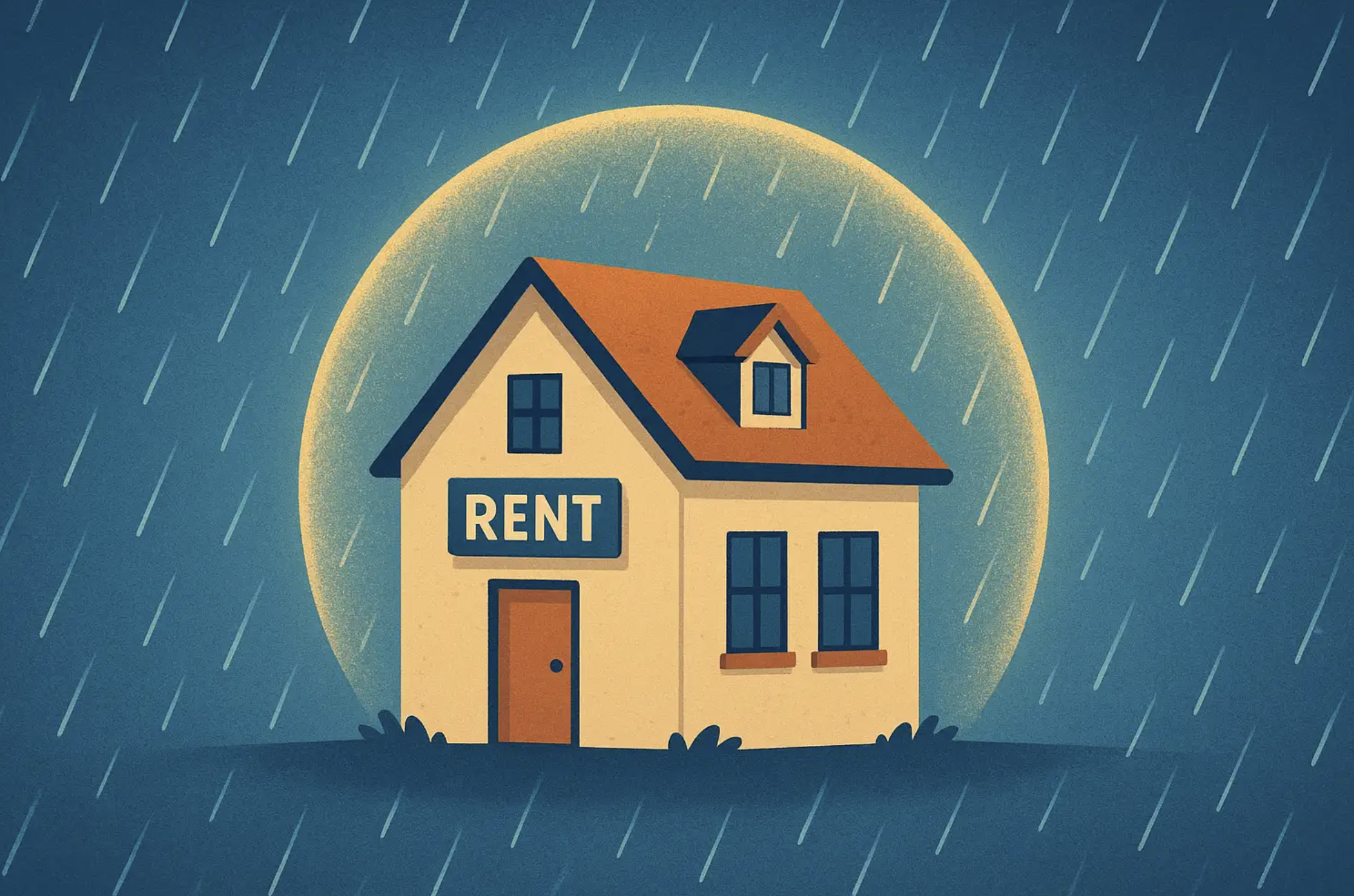 Illustration of a rental home surrounded by gentle rain and a protective glow, symbolizing financial security and income protection for landlords.