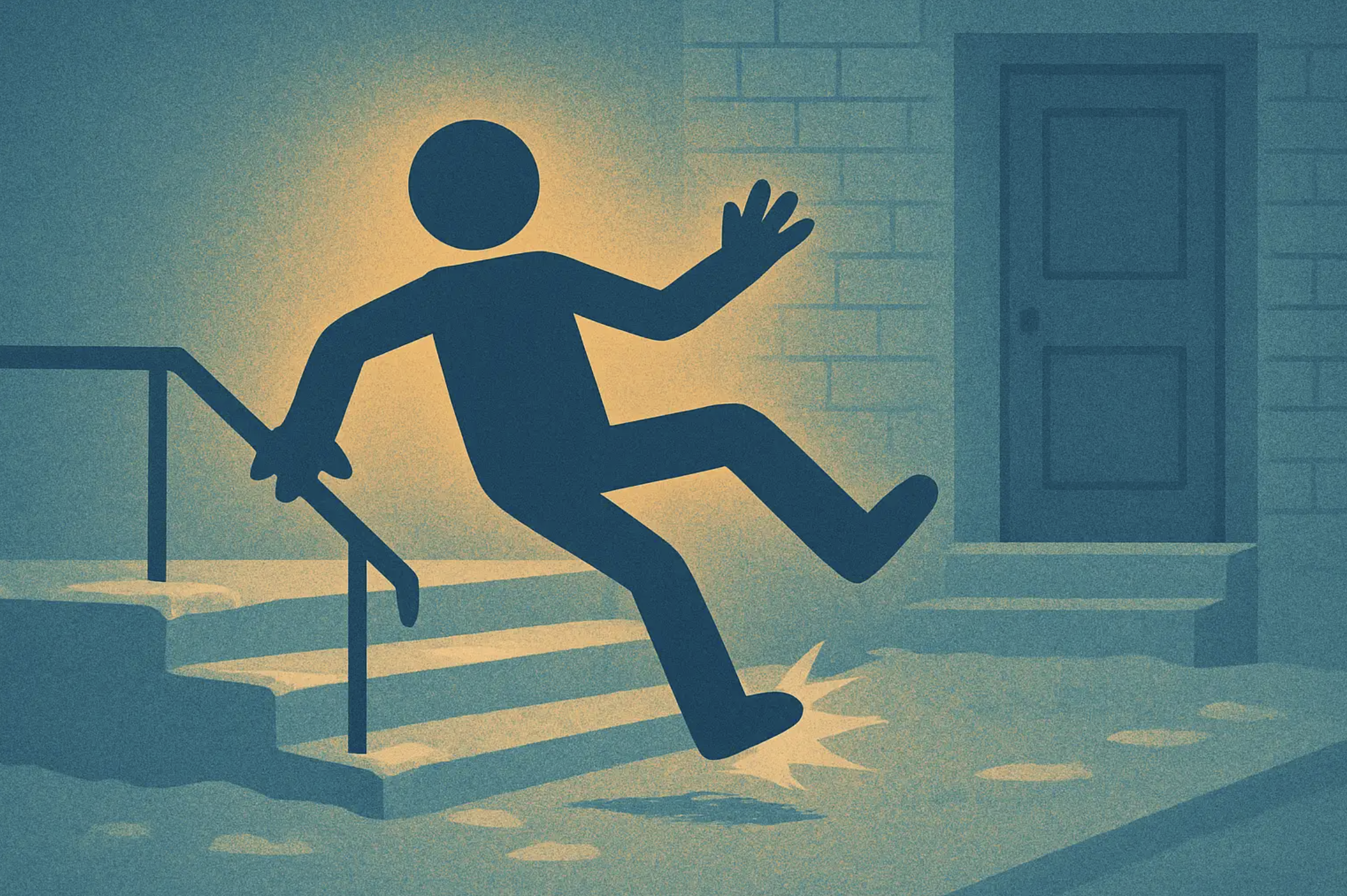 Illustration of a figure slipping on icy stairs at a rental property, highlighting the importance of landlord liability insurance for accident protection..