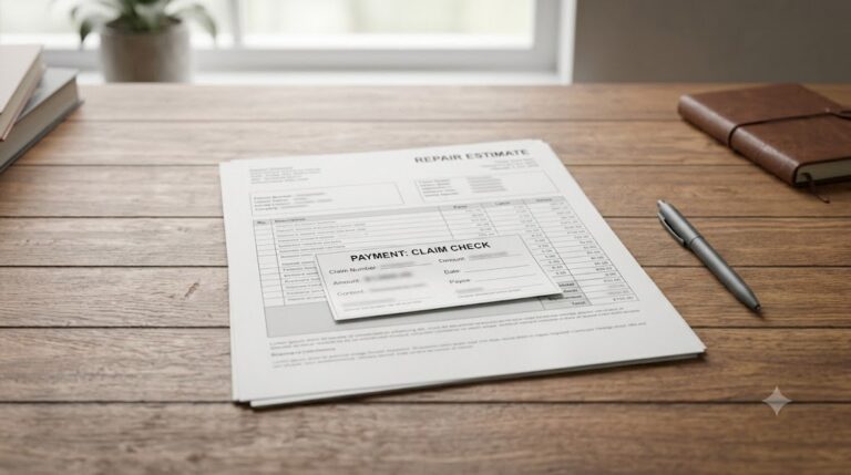 close-up of an insurance claim check lying on top of a printed repair estimate on a wooden desk,