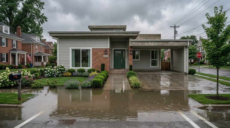 exterior of a single-family rental home with floodwater standing several inches deep across the lawn and driveway, overcast light after heavy rain