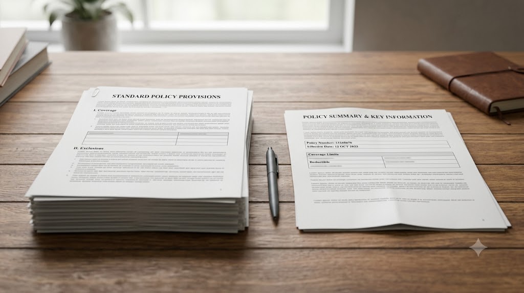 close-up of two insurance policy documents side by side on a wooden desk, one noticeably thinner than the other, a pen resting between them
