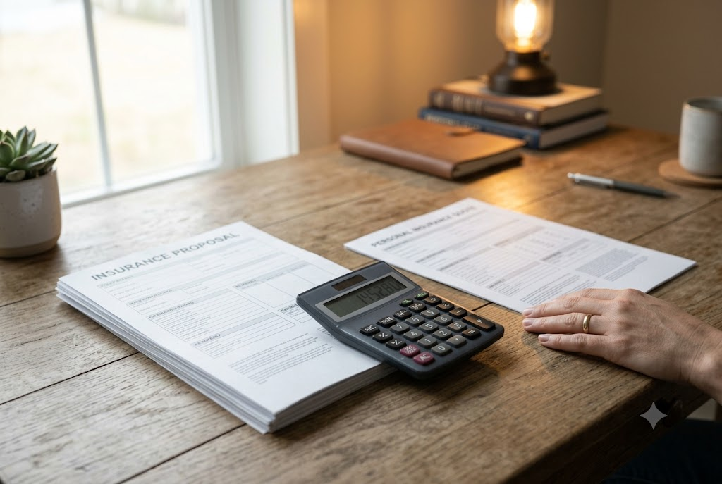 desk scene with two printed insurance quotes side by side, a calculator between them