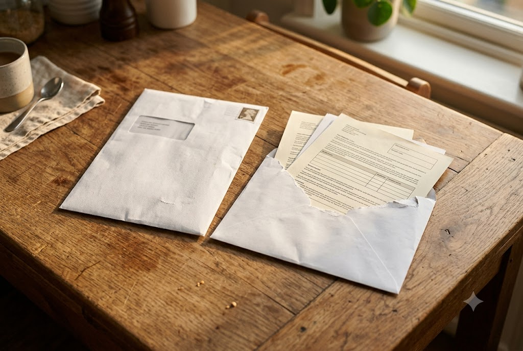two envelopes on a kitchen table, one opened with paperwork partially visible